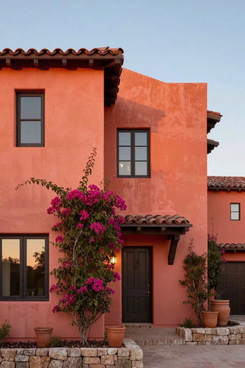 Terracotta stucco house exterior with angular shape, red tile roof, black-framed windows and door, purple bougainvillea vine climbing near entry, stone base, potted plants, and driveway.