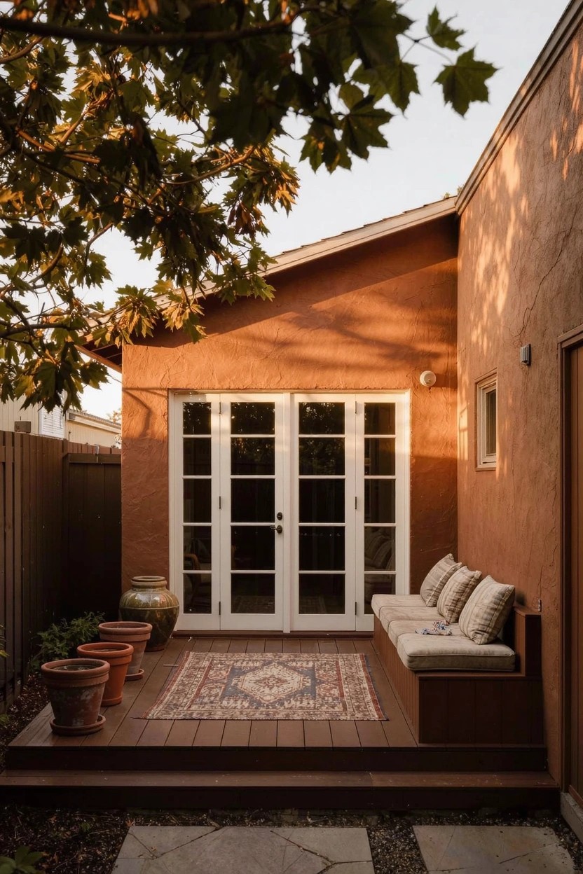 Terracotta stucco wall of a house with white-framed French doors opening onto a wooden deck platform holding a built-in cushioned bench, potted plants, and a patterned rug, next to a wooden fence and gravel path under overhanging tree branches.