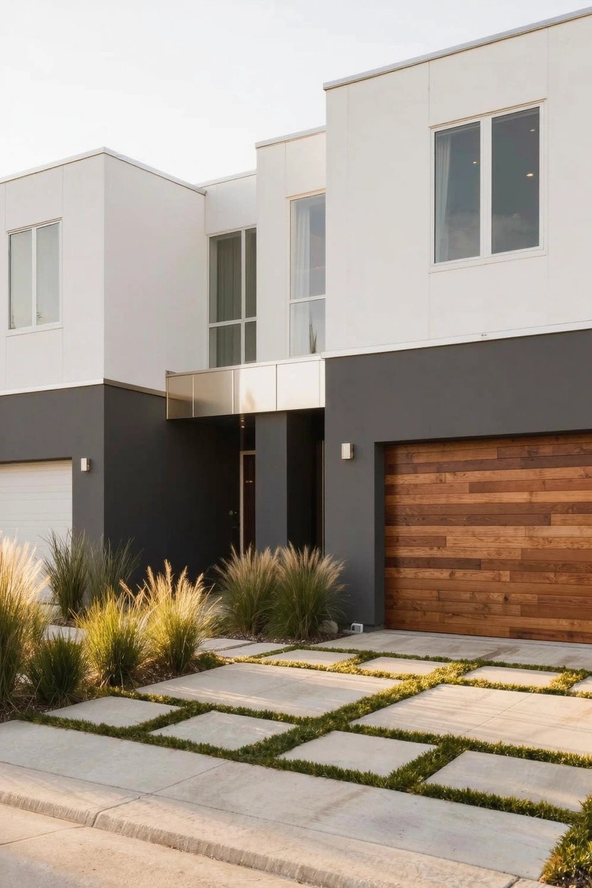 Modern house exterior featuring white upper walls and volumes over charcoal gray lower walls, with a wooden garage door, concrete paver driveway segmented by grass, and tall ornamental grasses in the front yard.