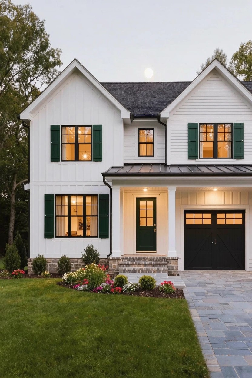 A two-story white board-and-batten house with dark green shutters on black-framed windows, a black front door under a metal-roofed porch, black garage door, lawn, flower beds, and paver driveway at dusk with interior lights on.