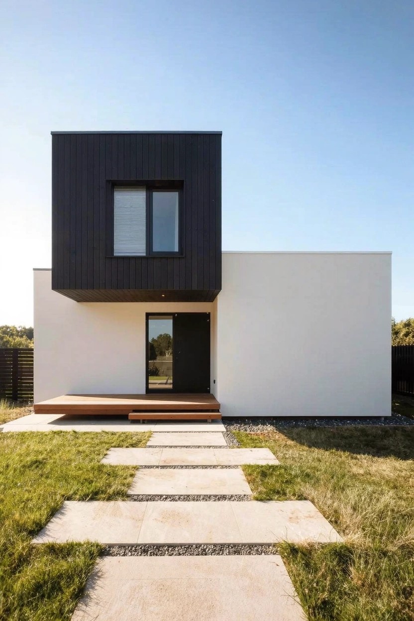 Modern small house exterior with black upper volume over white walls, glass entry door on wooden platform, stone paver pathway across grass lawn, and wooden fence in background.
