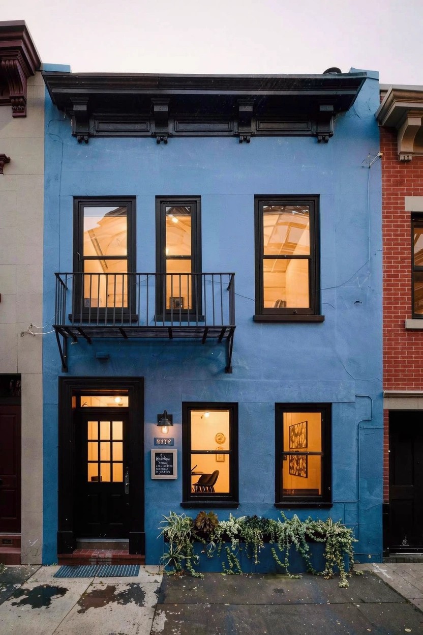 Narrow two-story rowhouse painted deep blue with black window and door frames, small second-floor balcony with railing, hanging plants by entry, and warm interior light visible through windows at dusk.