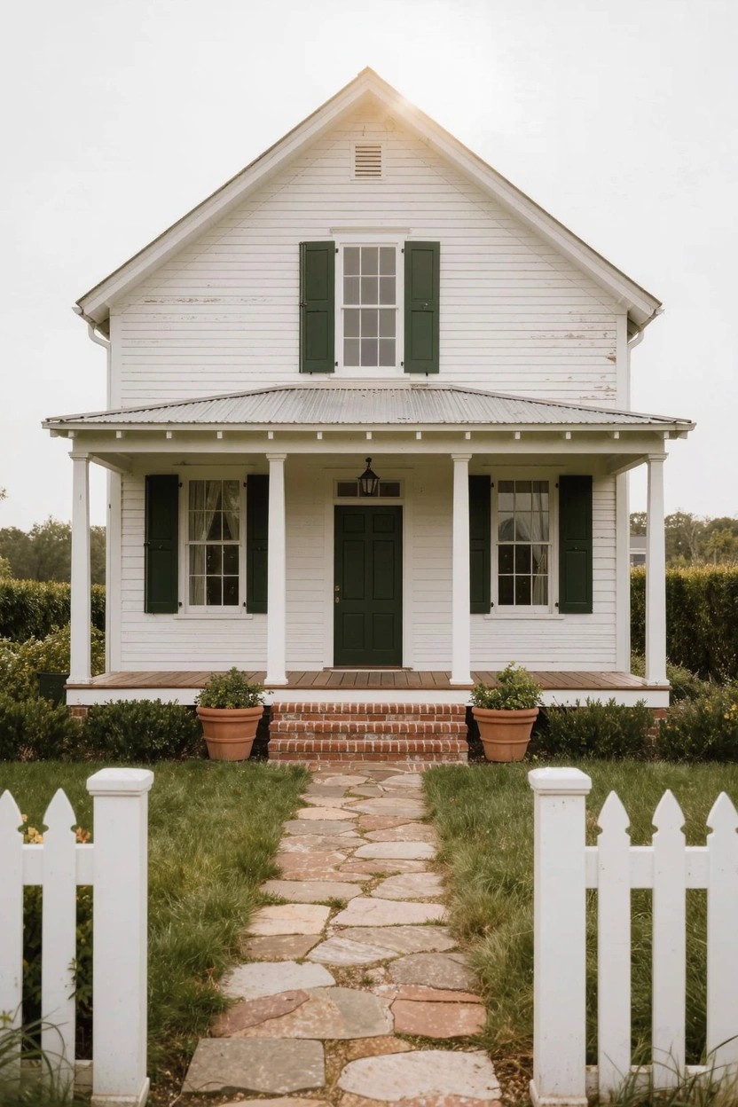 White clapboard house with metal roof, covered front porch supported by columns, green door and shutters, brick steps, potted plants, white picket fence, and stone pathway in grassy yard.