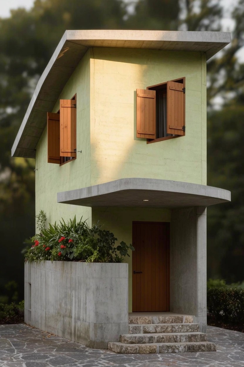 Small light green house elevated on a wide concrete plinth with integrated planters containing green foliage and red flowers, wooden shutters on windows, wooden entry door with steps, surrounded by trees and shrubs.