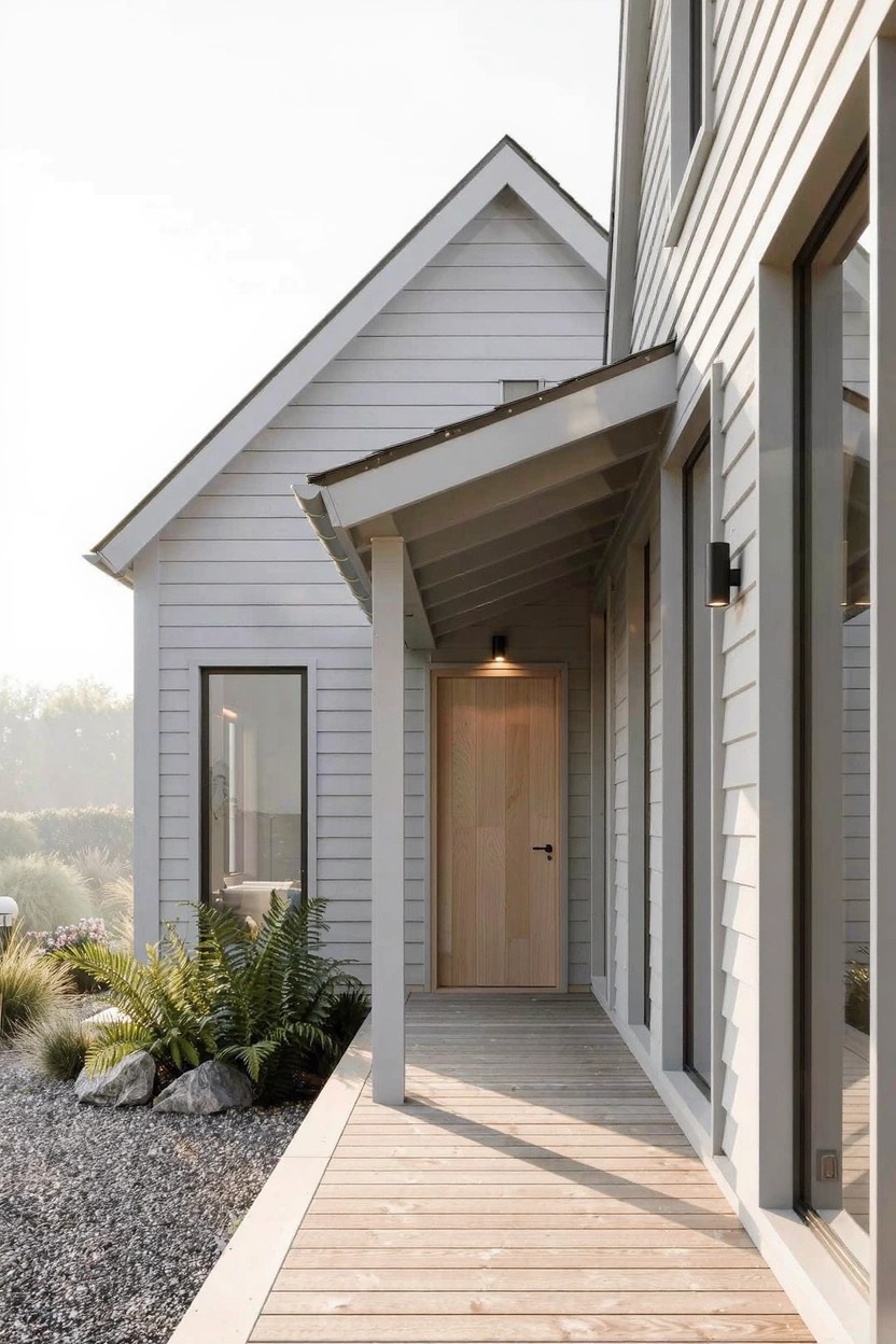 Side view of a small white clapboard house with gabled roof, covered porch featuring wooden decking and door flanked by large windows, gravel yard with grasses and ferns.