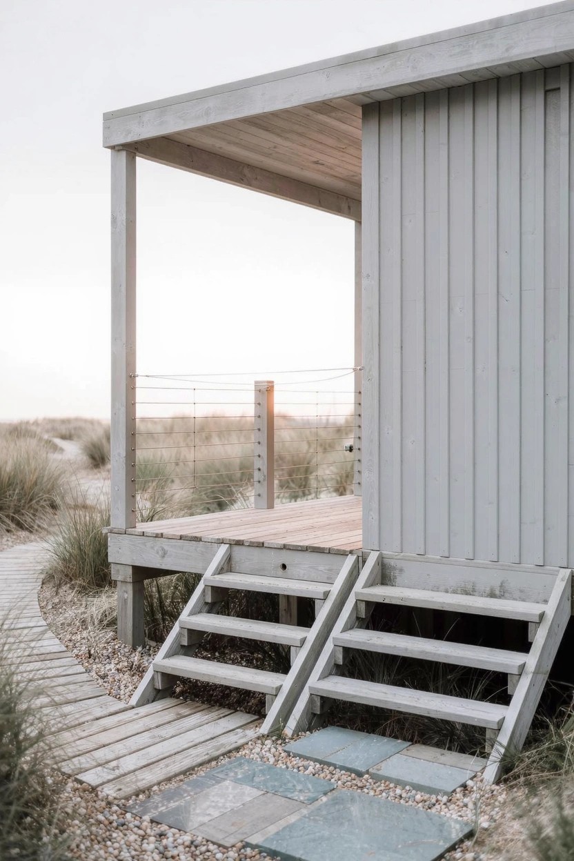 Small gray vertical-sided house elevated on wooden posts with a covered porch deck, double wooden stairs leading up from a stone landing, boardwalk path through dune grasses and sand.