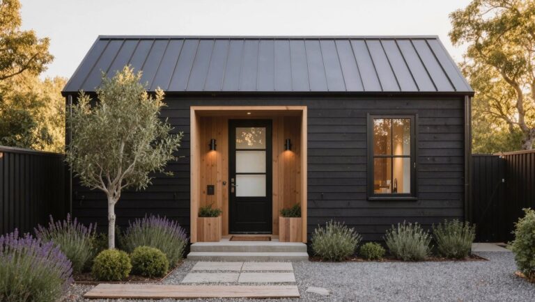 21 Gorgeous Small House Elevation Designs That Look So Put Together Small house exterior with black shingle siding, dark metal gable roof, recessed wood-framed glass entry door flanked by windows, black wall lantern, gravel yard, stone step path, lavender plants, wooden planter with small tree, and wooden bench.