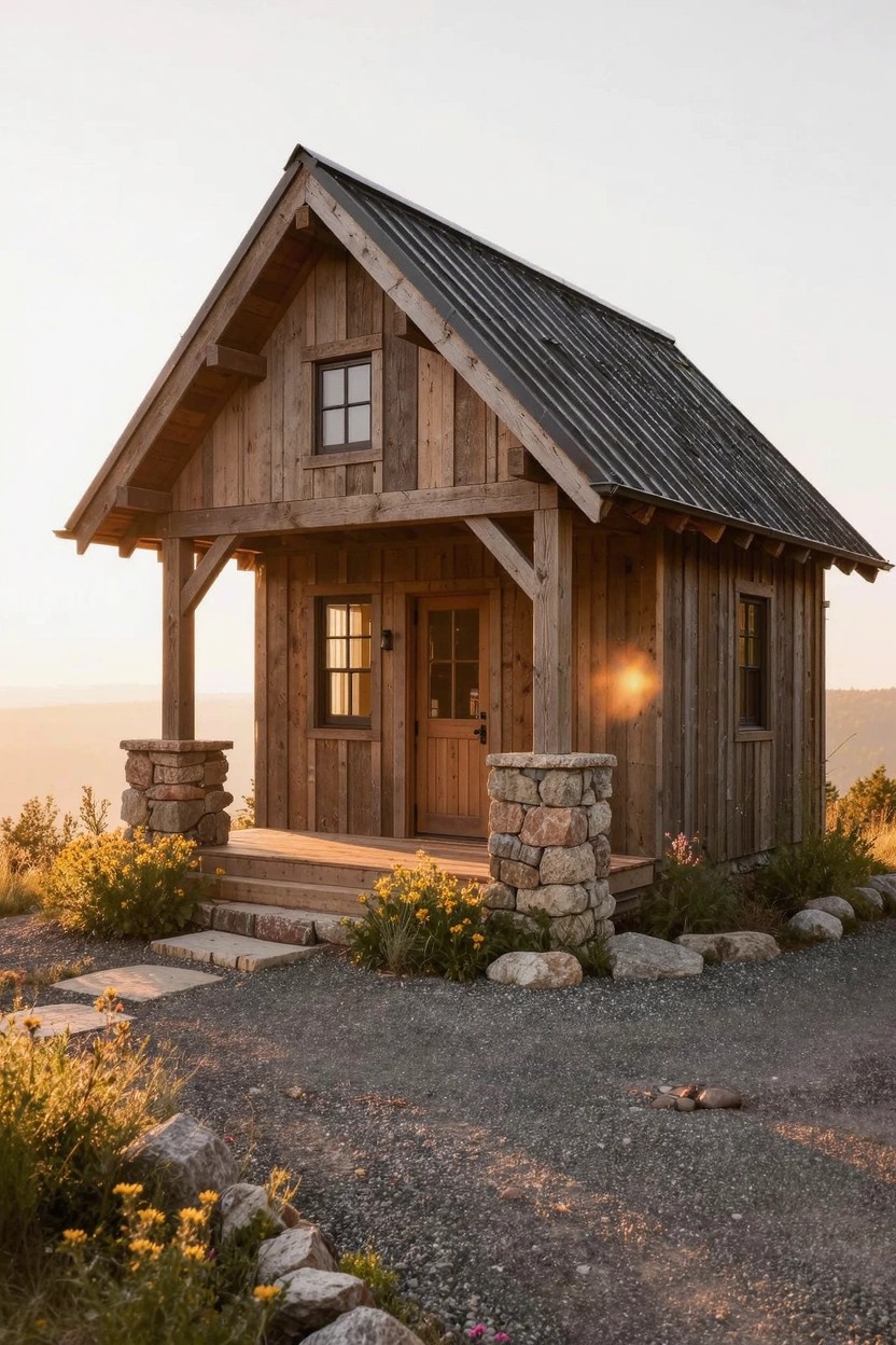 Small wooden cabin with gabled metal roof, covered front porch supported by tall stone pillars, wooden door and window, stone steps with yellow flowers and rocks around base on hillside at sunset.