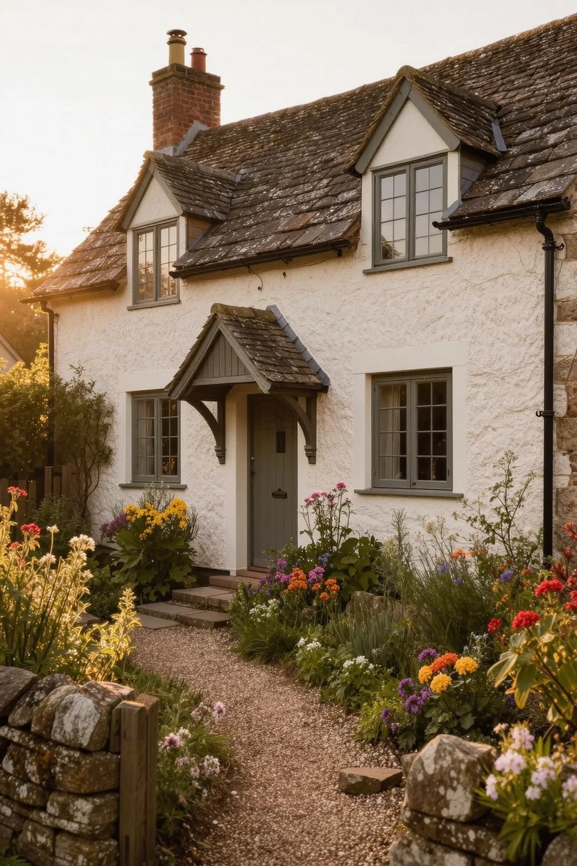 Small white cottage with green window frames and door under a gabled porch, flanked by dense colorful flower beds and a gravel path leading from a stone wall gate at sunset.