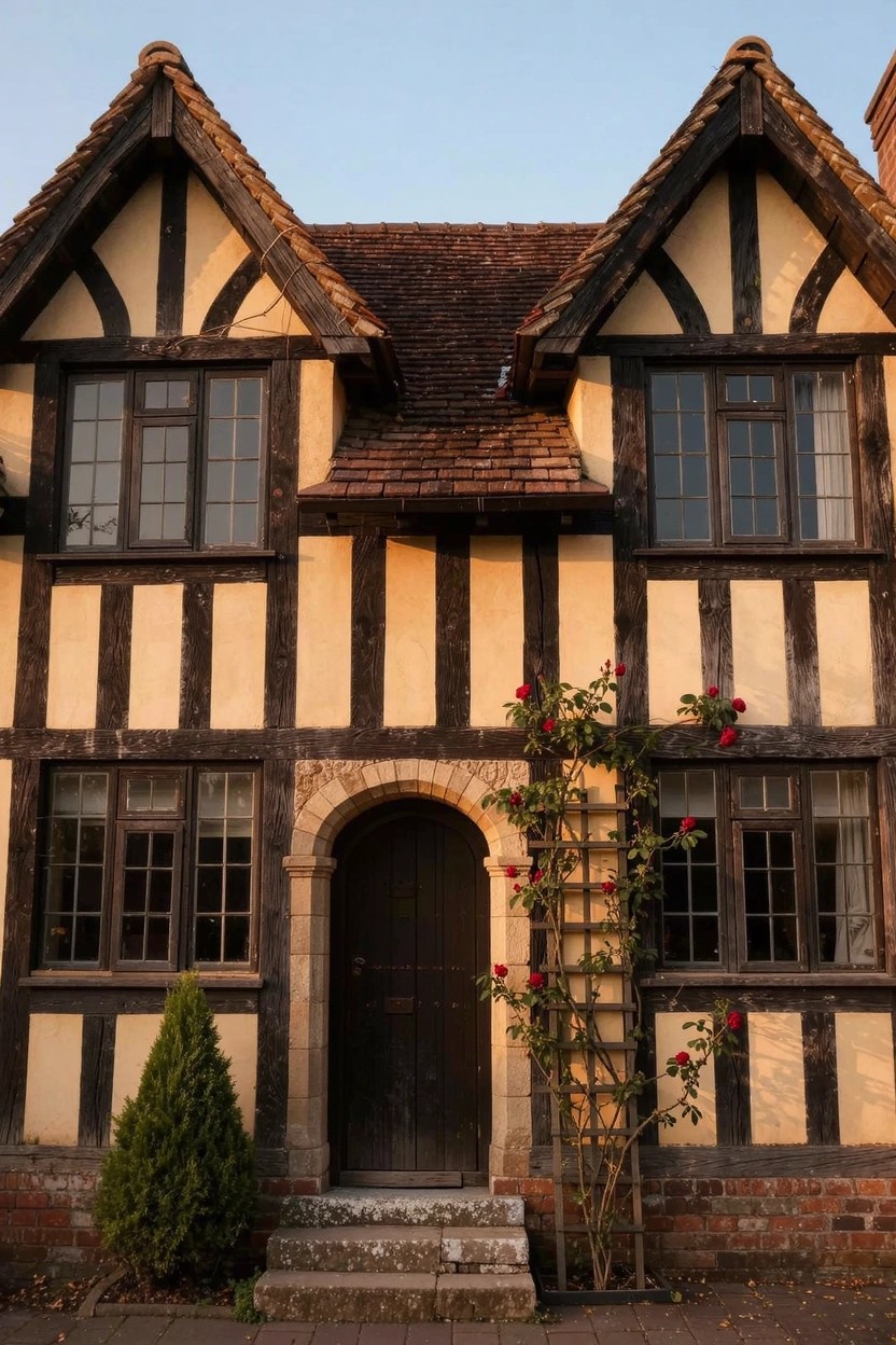 Two-story house with black half-timber framing on beige plaster walls, red-tiled gabled roof, dark wood arched front door, climbing red roses on a trellis beside the entry, small conifer tree, and stone steps.