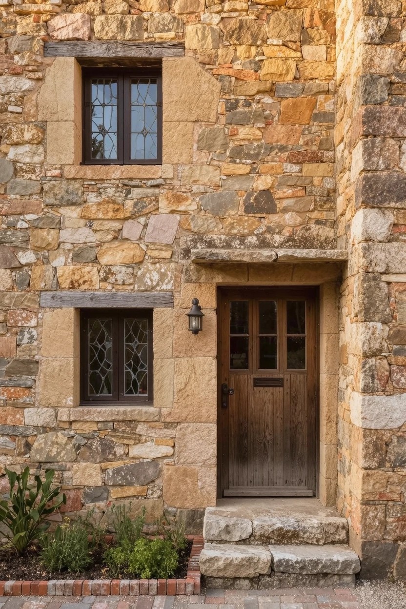 Corner view of a small beige stone house exterior with dark wooden leaded windows, paneled wooden front door, wall lantern, stone stoop with steps, and low plants along the base.