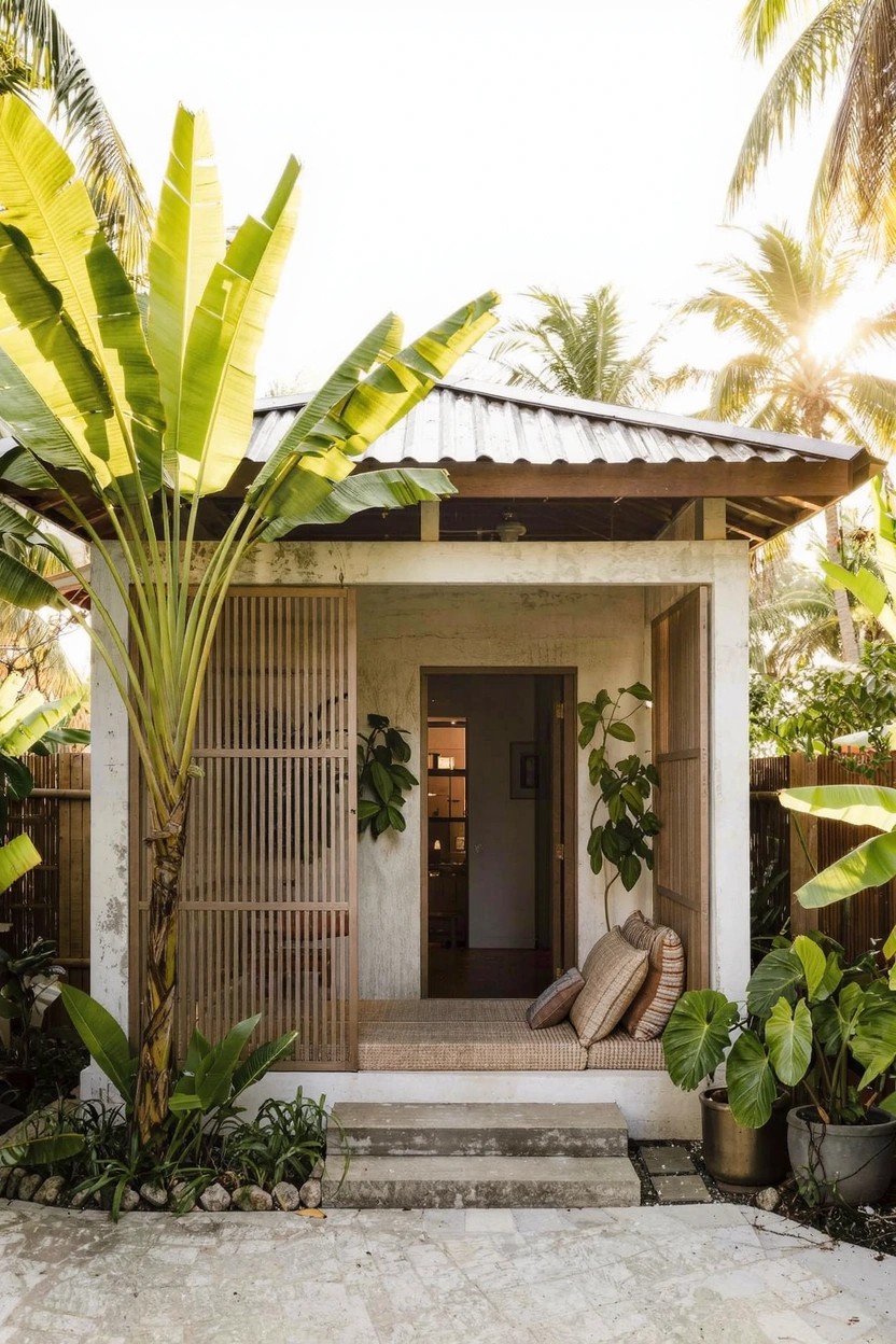 Small tropical house exterior with white textured walls, corrugated metal roof, raised porch featuring open wooden slat doors and beige cushions, flanked by large banana plants, potted greenery, and a stone path.