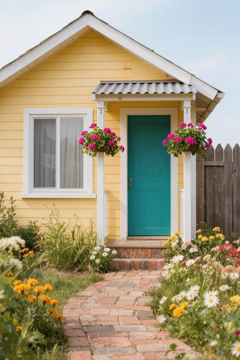 Small yellow clapboard house with white trim and gabled roof, turquoise front door under covered porch supported by posts with hanging pink flower baskets, brick walkway lined with colorful flower beds, and white picket fence.