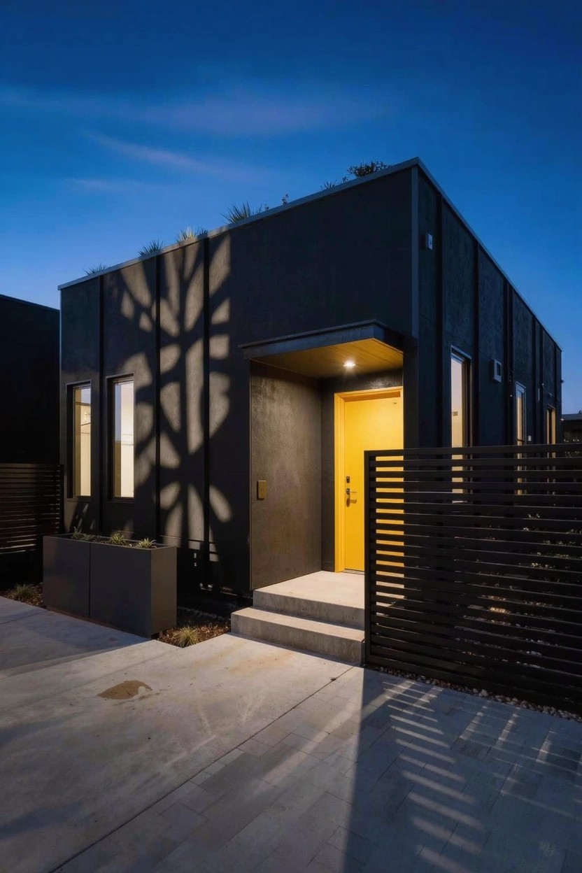 Yellow Door on a Dark Facade