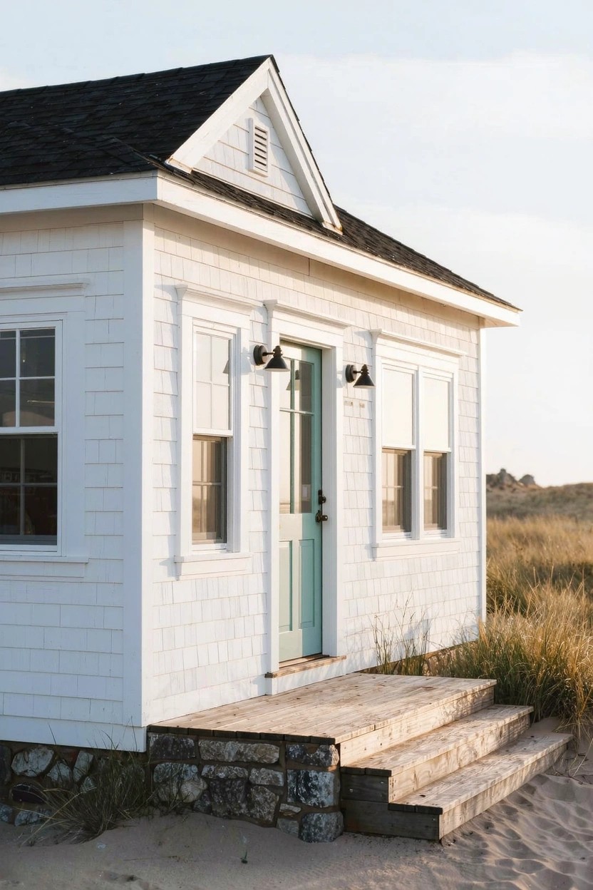 White clapboard cottage with gabled shingle roof, turquoise front door flanked by lanterns, two white-shuttered windows, stone foundation and weathered wood steps rising from sand surrounded by beach grass.