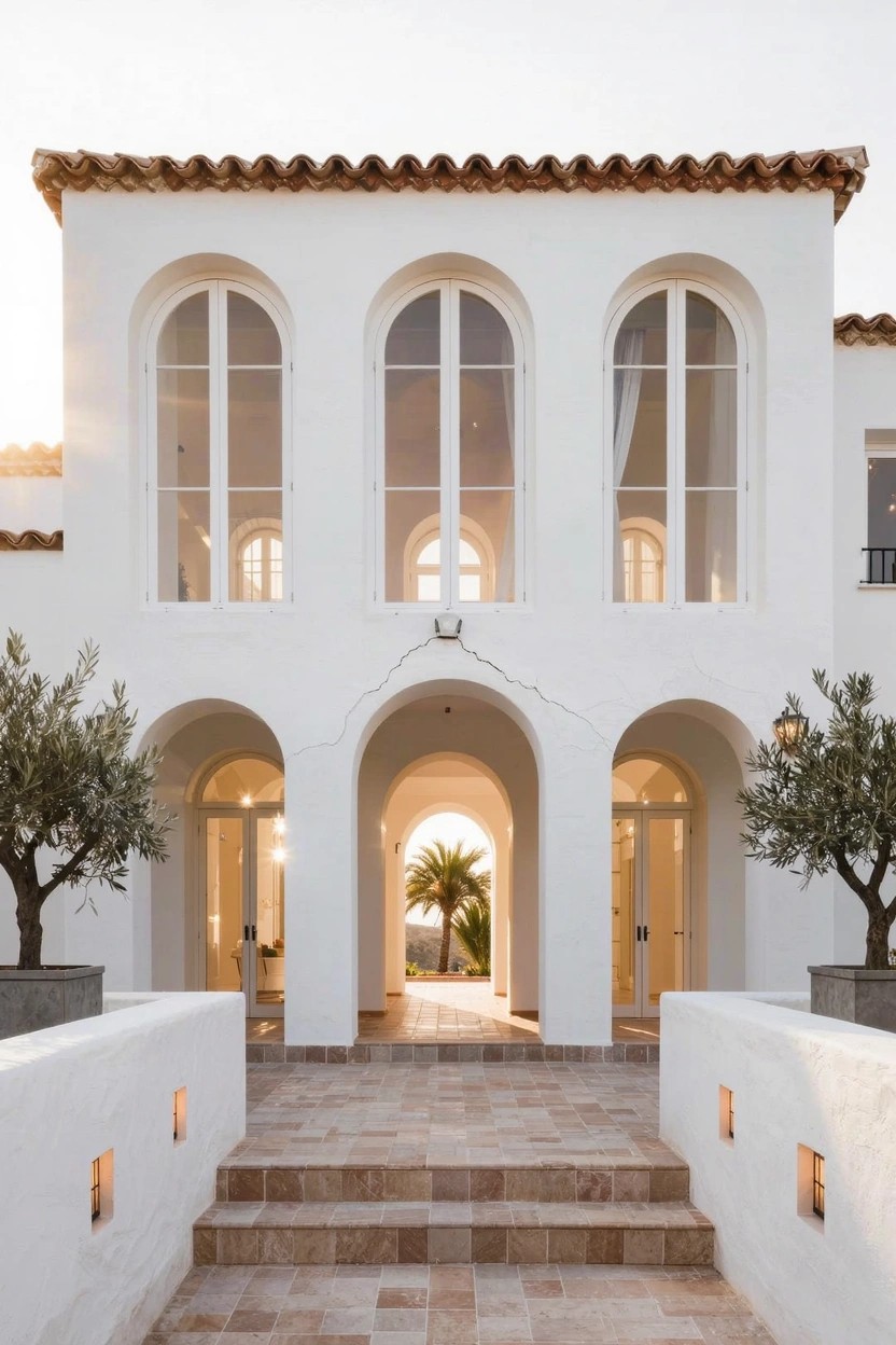 White stucco house facade with terracotta tile roof, three tall arched windows above a recessed triple-arched entry portico flanked by potted olive trees, terracotta steps leading to white doors with a palm tree visible through the arches.
