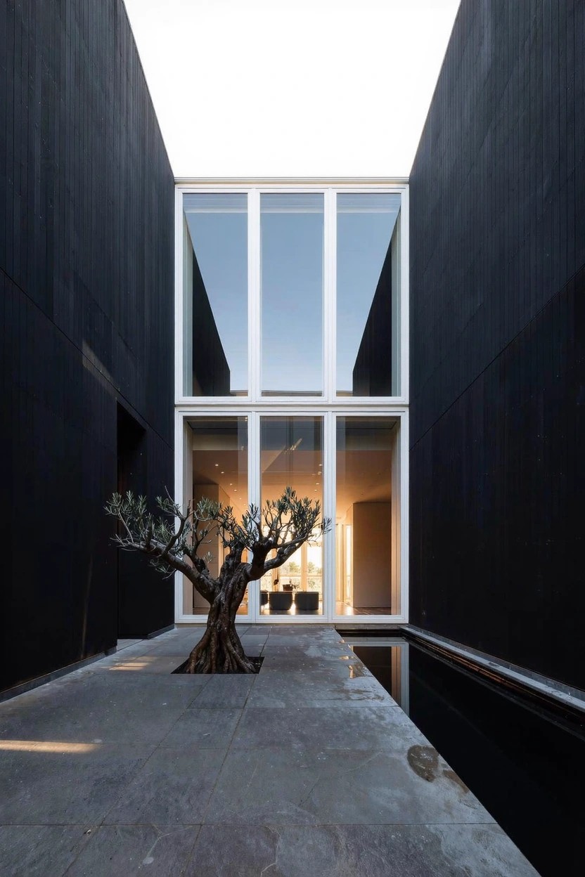 Black paneled walls framing a tall central three-panel white window and glass door, with a small olive tree in a concrete courtyard beside a narrow reflecting pool.