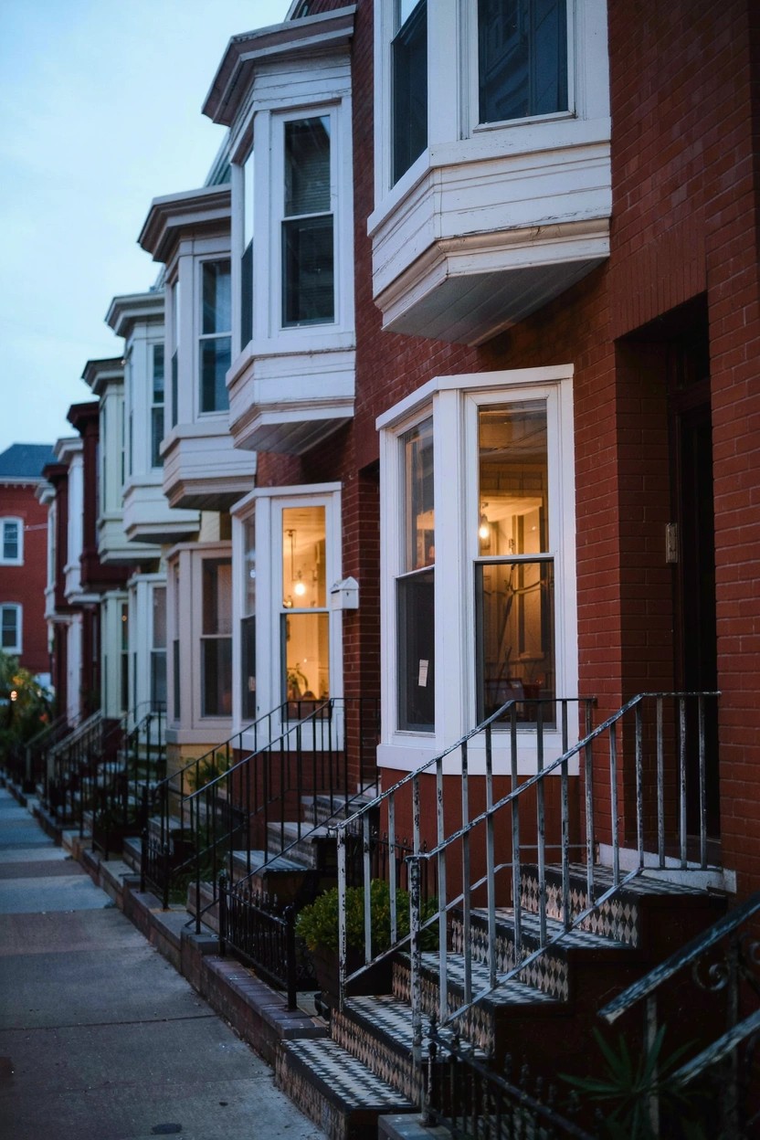 Row of three-story red brick townhouses with white-framed bay windows, front stoops with black wrought iron railings, small plants, and interior lights glowing through windows at dusk.