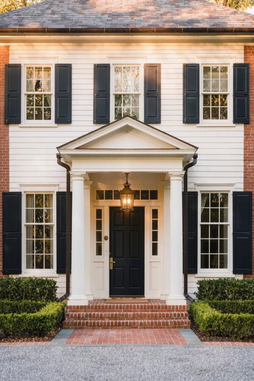 Two-story house with red brick lower level, white clapboard siding and black shutters on upper level and windows, white columned portico over black front door, brick steps, boxwood shrubs, and gravel driveway.