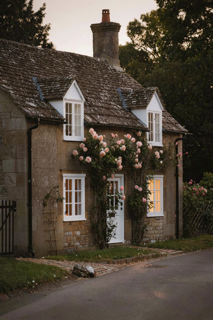 Stone cottage with beige walls, white-framed windows and door covered in pink climbing roses, chimney, and surrounding greenery at dusk.