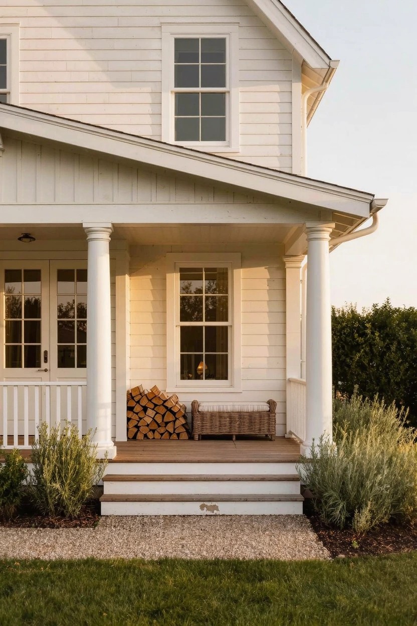 White clapboard house exterior featuring a columned front porch with double doors, firewood stack in basket, steps, flanking shrubs, gravel path, and lawn.