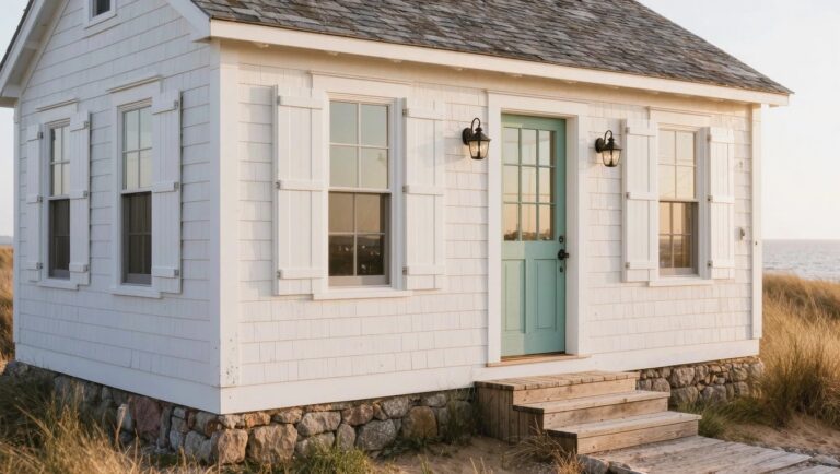 21 Gorgeous White Window House Exteriors For A Crisp Clean Style White clapboard cottage with gabled shingle roof, turquoise front door flanked by lanterns, two white-shuttered windows, stone foundation and weathered wood steps rising from sand surrounded by beach grass.