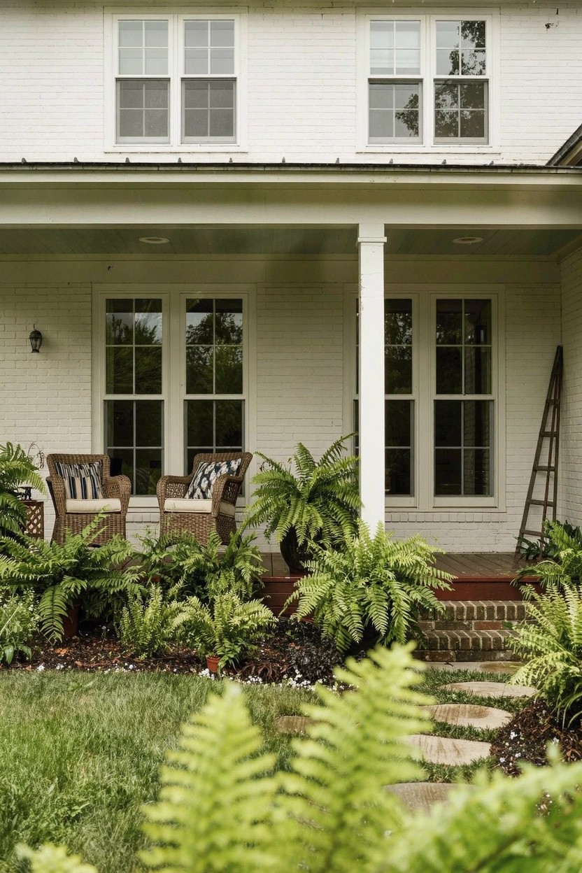 White clapboard house with columned front porch, two wicker chairs and potted ferns on porch, large ferns planted beside brick steps, stone path through foreground lawn.