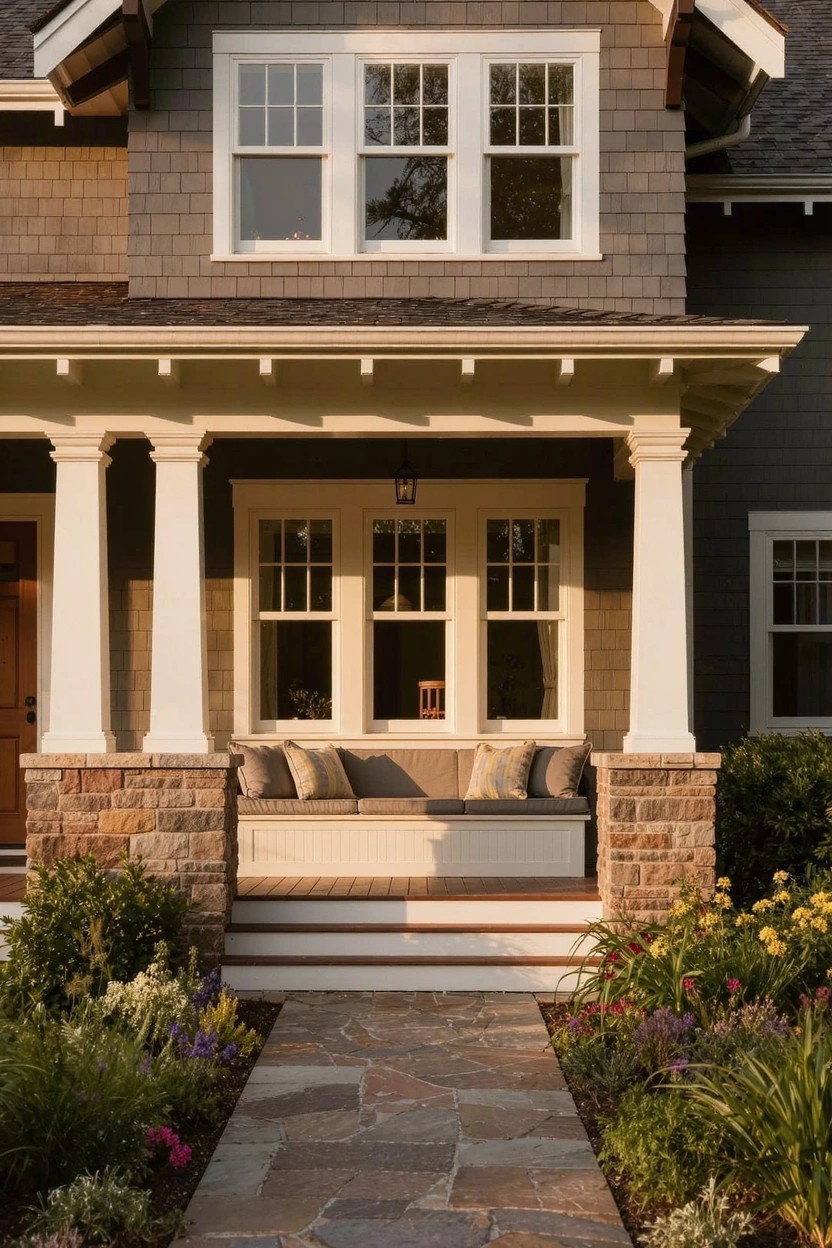 Gray shingle siding house with white windows, covered front porch on stone pillars and white columns with built-in cushioned bench, stone pathway, and landscaped borders.