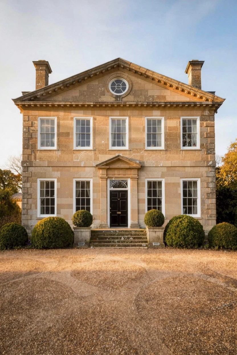 Symmetrical two-story stone house with white multi-pane windows, central pedimented entrance with black door, flanked by boxwood topiaries, on gravel driveway under blue sky.