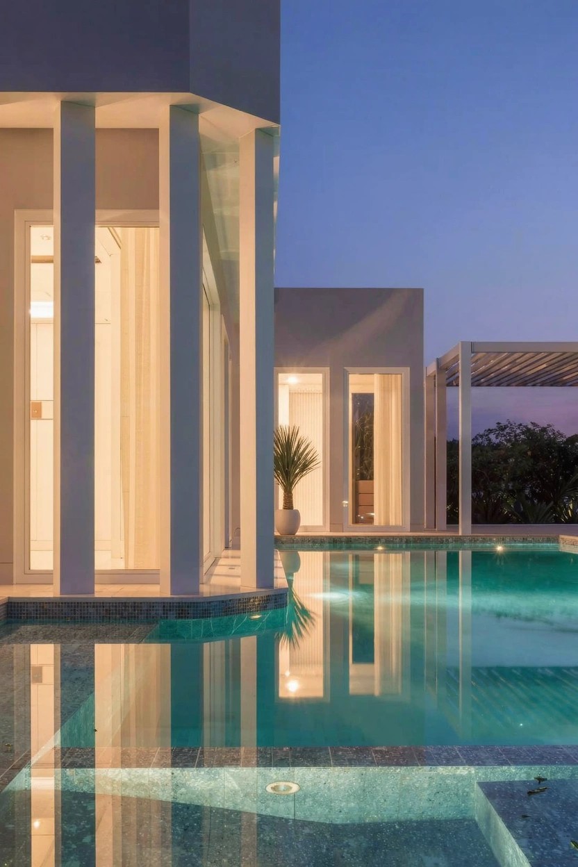 White modern house exterior at dusk featuring tall slender columns, large glass walls, a potted palm, and a glowing pool with tile edge.