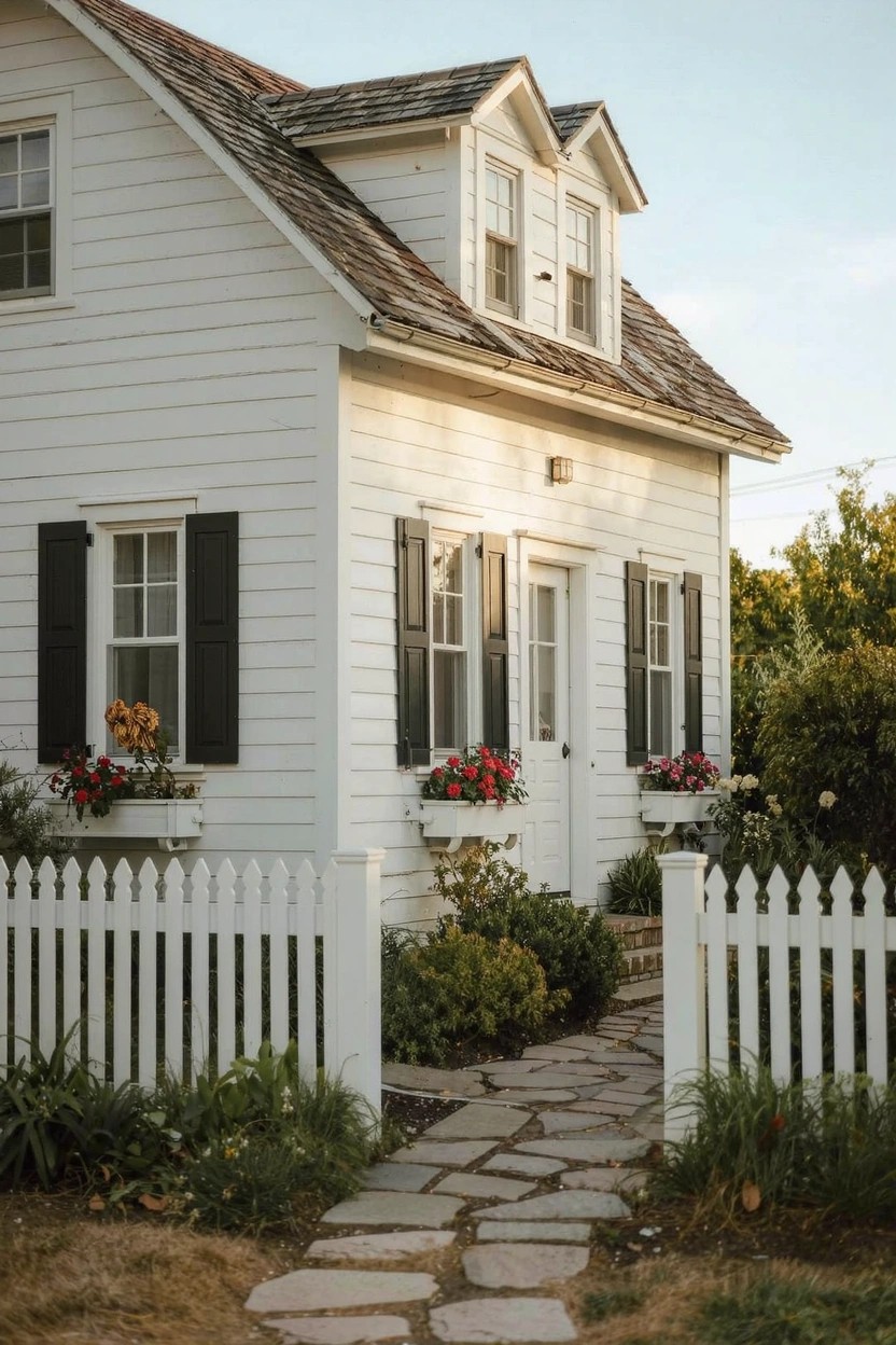 Small white clapboard house with gabled roof, black shutters, flower boxes on lower windows, white picket fence enclosing front garden, and stone pathway to entry door.