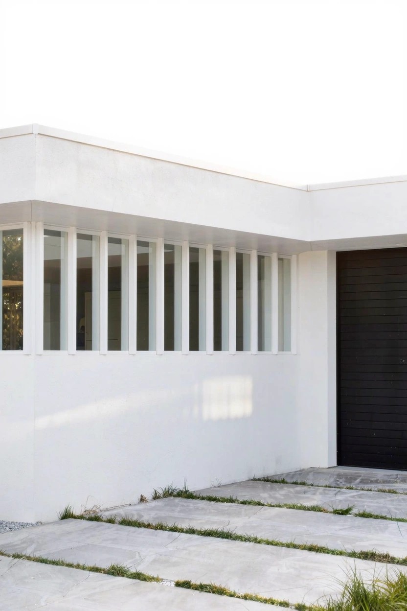 White modernist house exterior with vertical white slats covering large windows under an overhanging section, black garage door, and concrete paver pathway with grass tufts.