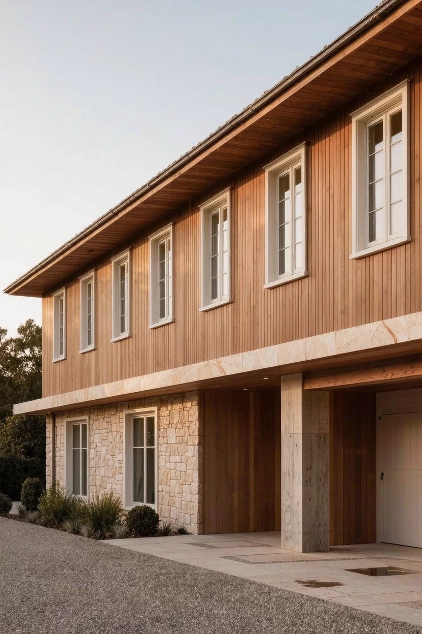 Modern two-story house exterior with light vertical wood cladding on upper facade, white-framed rectangular windows in rows, light stone base at lower level, cantilevered roof over entry, gravel driveway, and low plants along the front.