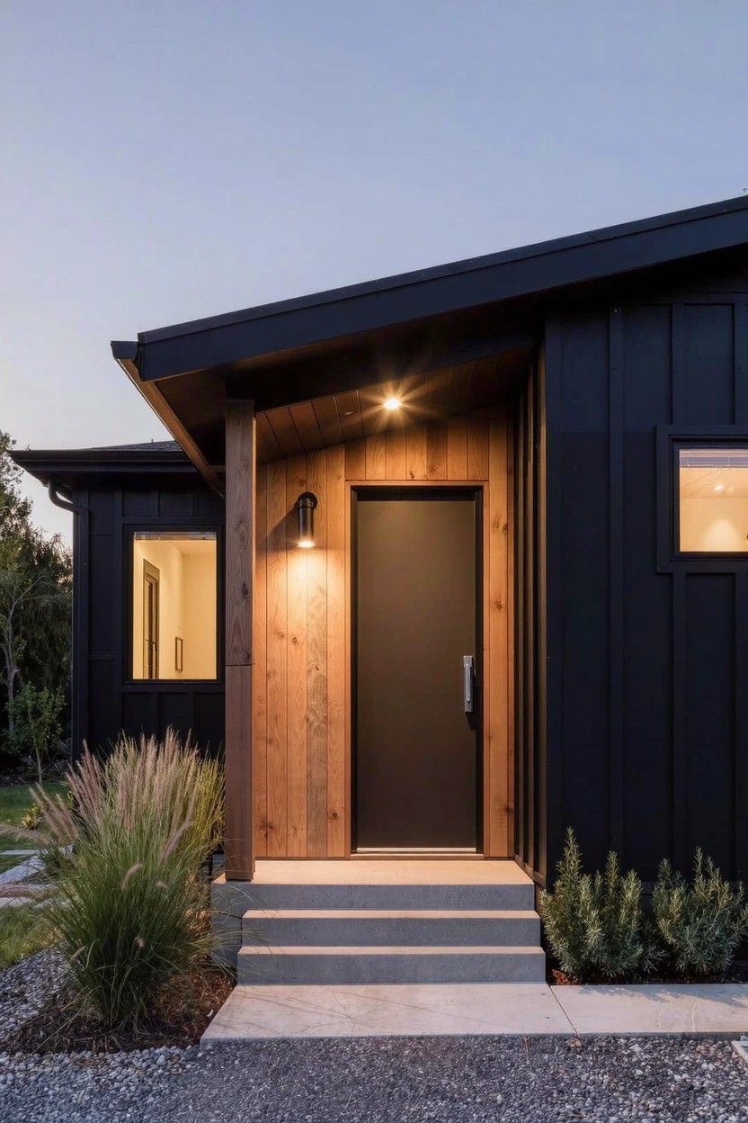 Modern single-story house with black siding, warm wood vertical post and door frame at the entry, lit wall sconce, concrete steps, and grasses in a gravel area.