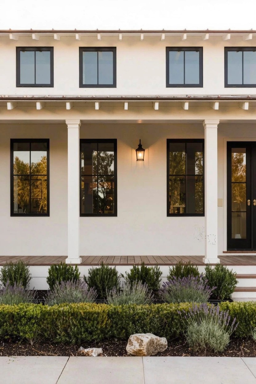 A single-story white house with black-framed windows and doors, a covered front porch supported by white columns, wooden porch decking, a black lantern light, steps, and landscaped beds with green shrubs, lavender plants, rocks, and a concrete walkway.