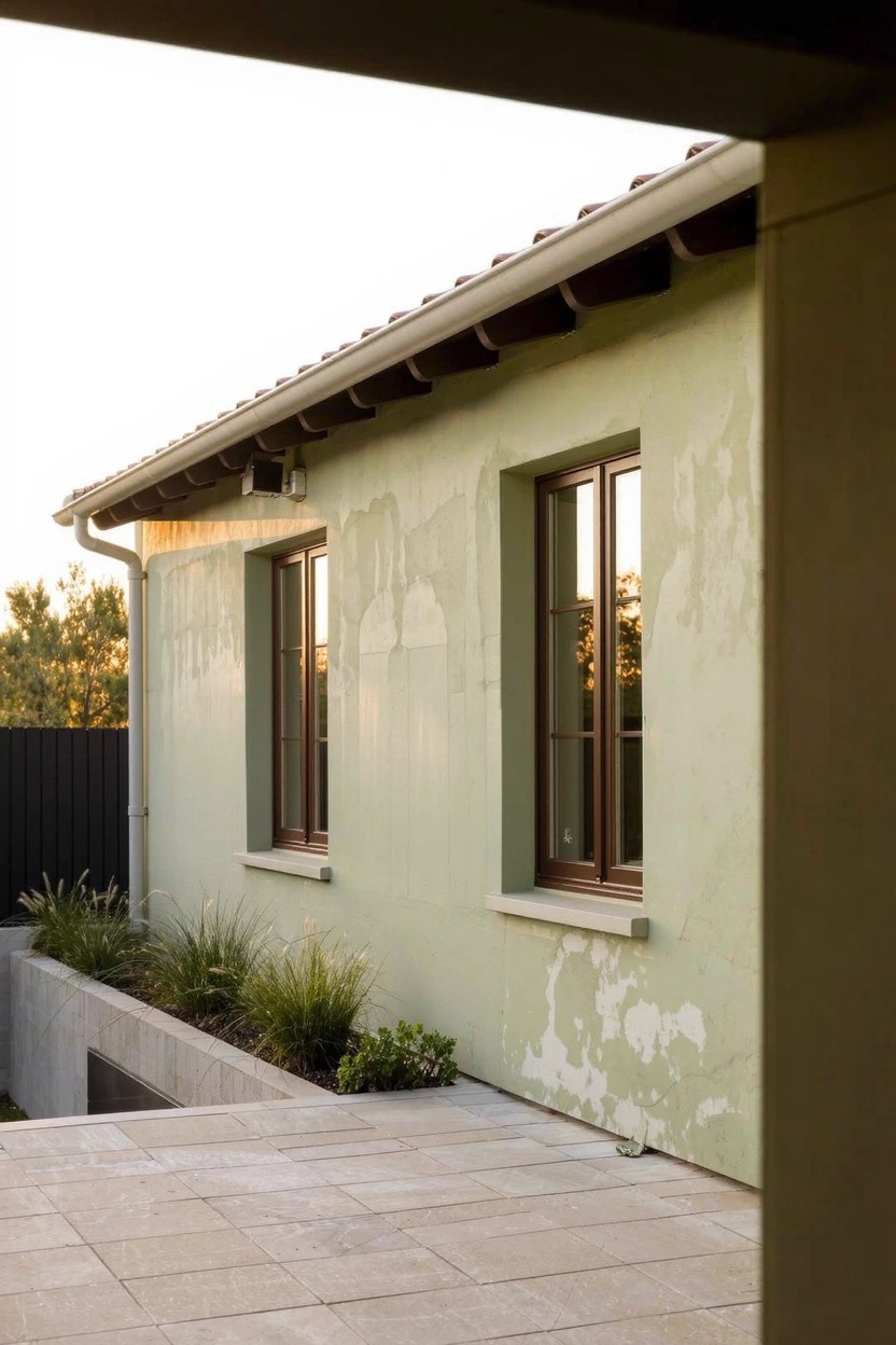 Side exterior of a single-story house featuring pale green stucco walls, terracotta tile roof, two wooden-framed windows, raised planters with grasses along the base, and a stone terrace under an outdoor structure.