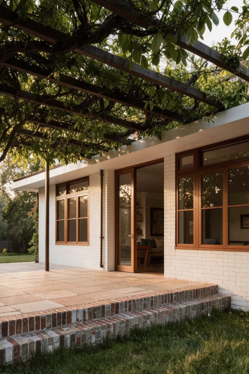 Single-story modern house with white brick exterior, wooden doors and windows, vine-covered wooden pergola over terracotta patio, brick steps, and surrounding grass and plants.
