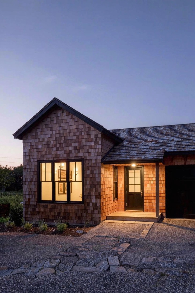 Single-story house with horizontal cedar shake siding, black-framed windows and doors, small front porch, stone walkway, gravel driveway, and garage door at dusk.