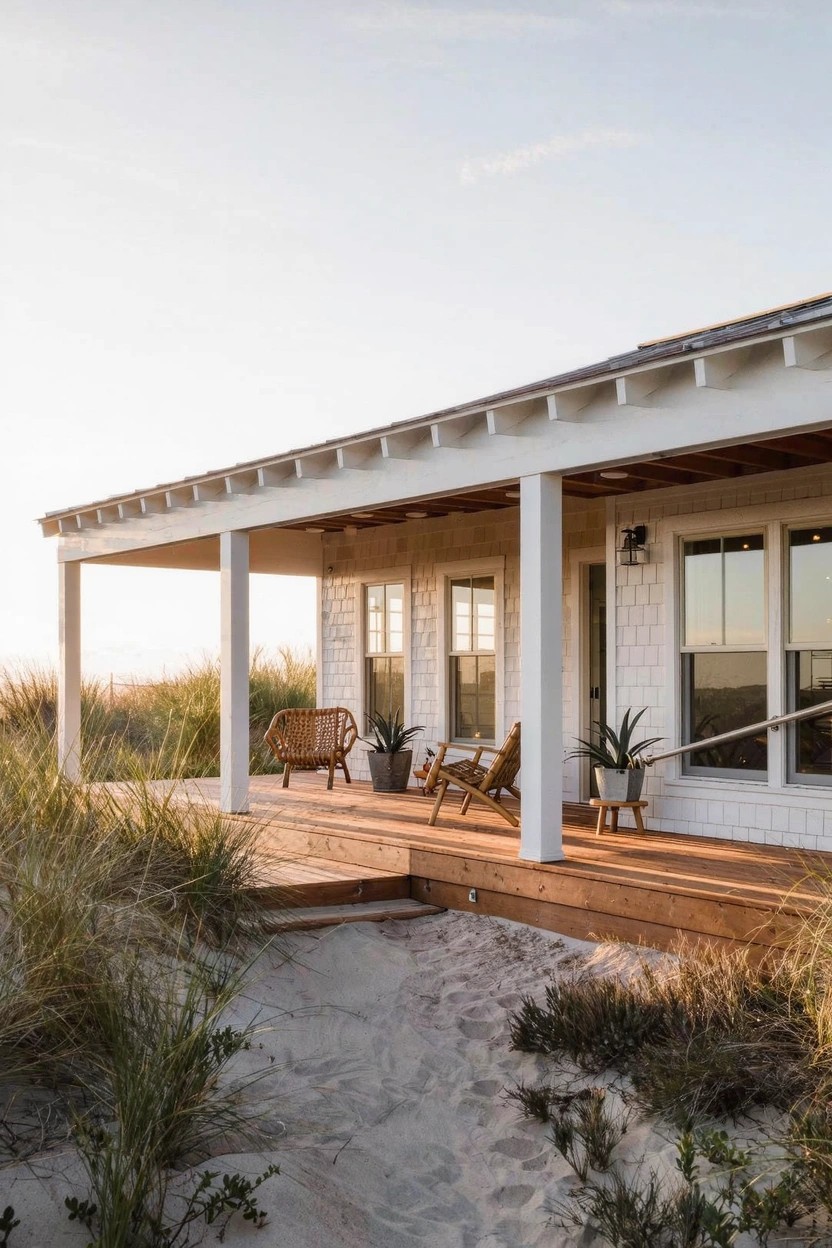 White single-story house with covered wooden deck porch, rattan chairs, potted plants, supported by white columns, next to sand dunes and beach grass.