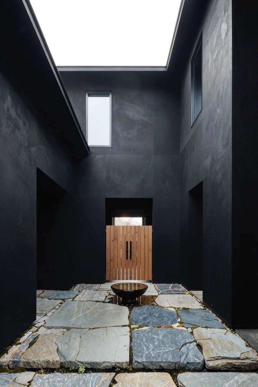 Dark textured walls surround a courtyard paved with irregular gray stone slabs, a shallow wooden bowl in the center, wooden double doors at the rear, and a skylight overhead.