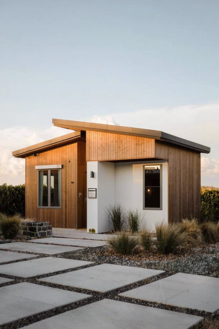 A modern single-story house with vertical wood cladding on parts of the facade, white wall sections, large windows, a paver stone pathway to the entry, and low grasses in a pebbled yard under a cloudy sky.