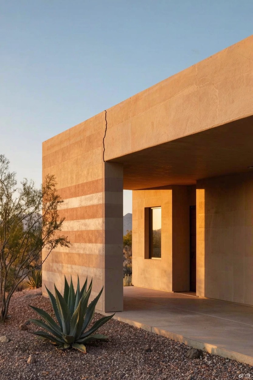 Beige stucco single-story house exterior with horizontal stripes on walls, deep overhanging roof over entry, small window, agave plants, gravel ground, and desert landscape at sunset.