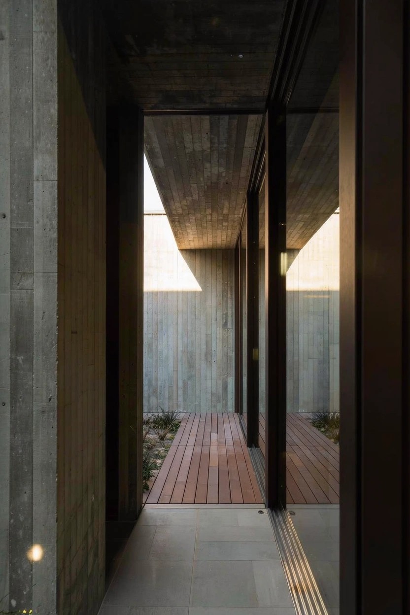 Concrete hallway with sliding glass doors opening to a wooden deck platform next to a pebble garden bed, flanked by tall concrete walls.