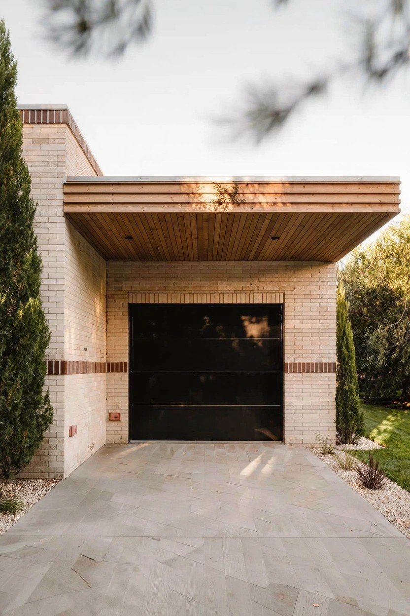 Single-story brick house with a black garage door under a cantilevered wooden roof overhang, flanked by tall cypress trees beside a concrete driveway.