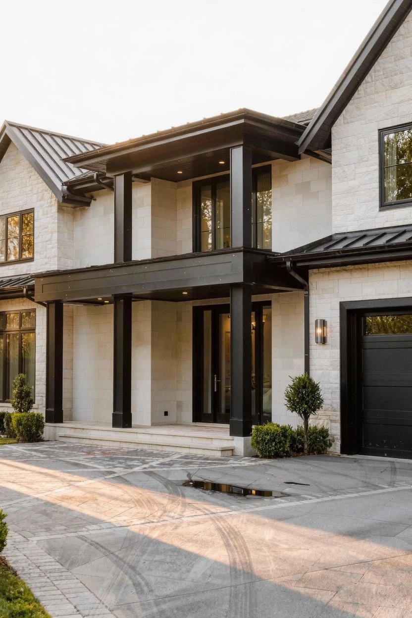 Two-story house exterior with light stone walls, black window frames and trim, black front door flanked by columns, black garage door, small trees by the entry, and a paved driveway with drainage grate.