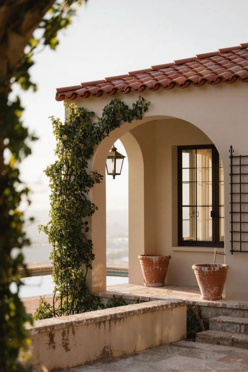 Beige stucco exterior wall with red terracotta tile roof, green climbing vines draping over a stone archway with hanging lantern, window with black metal grid, two terracotta pots on ledge above stone steps and pool edge.