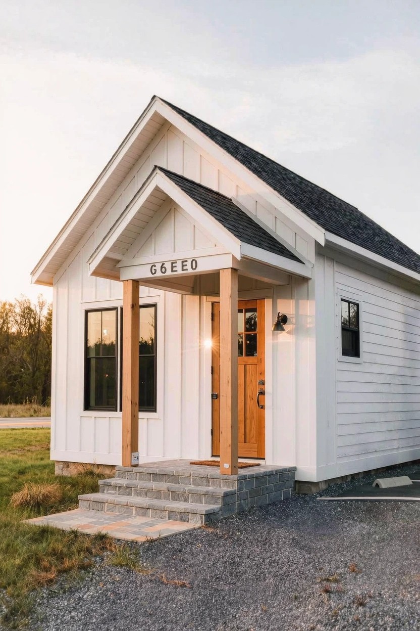 Small white board-and-batten house with dark shingle gable roof, covered front porch on wooden posts and beams, orange wood door labeled GEEO, concrete steps to gravel area, grassy yard at dusk.