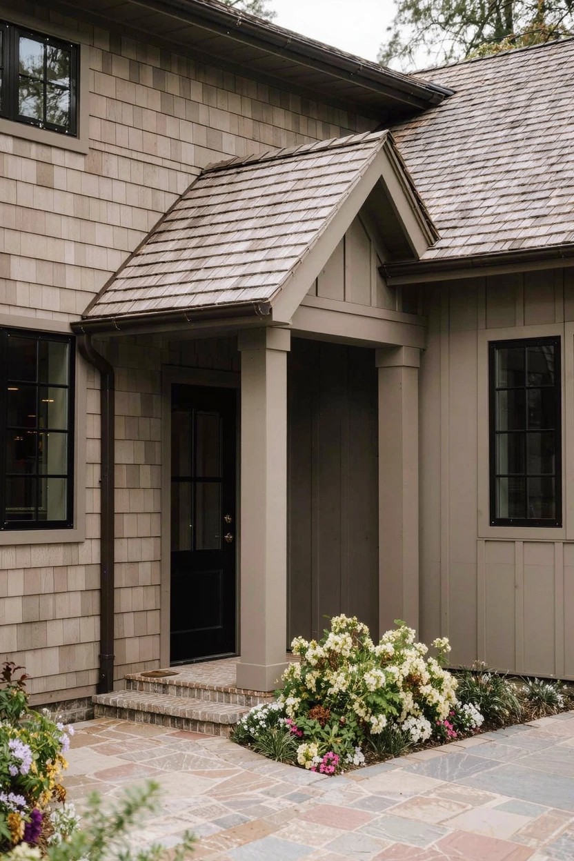 Shingle-clad house exterior with gabled porch entry supported by columns, black-framed door and windows, stone paver pathway, and yellow-flowering shrubs at the base.