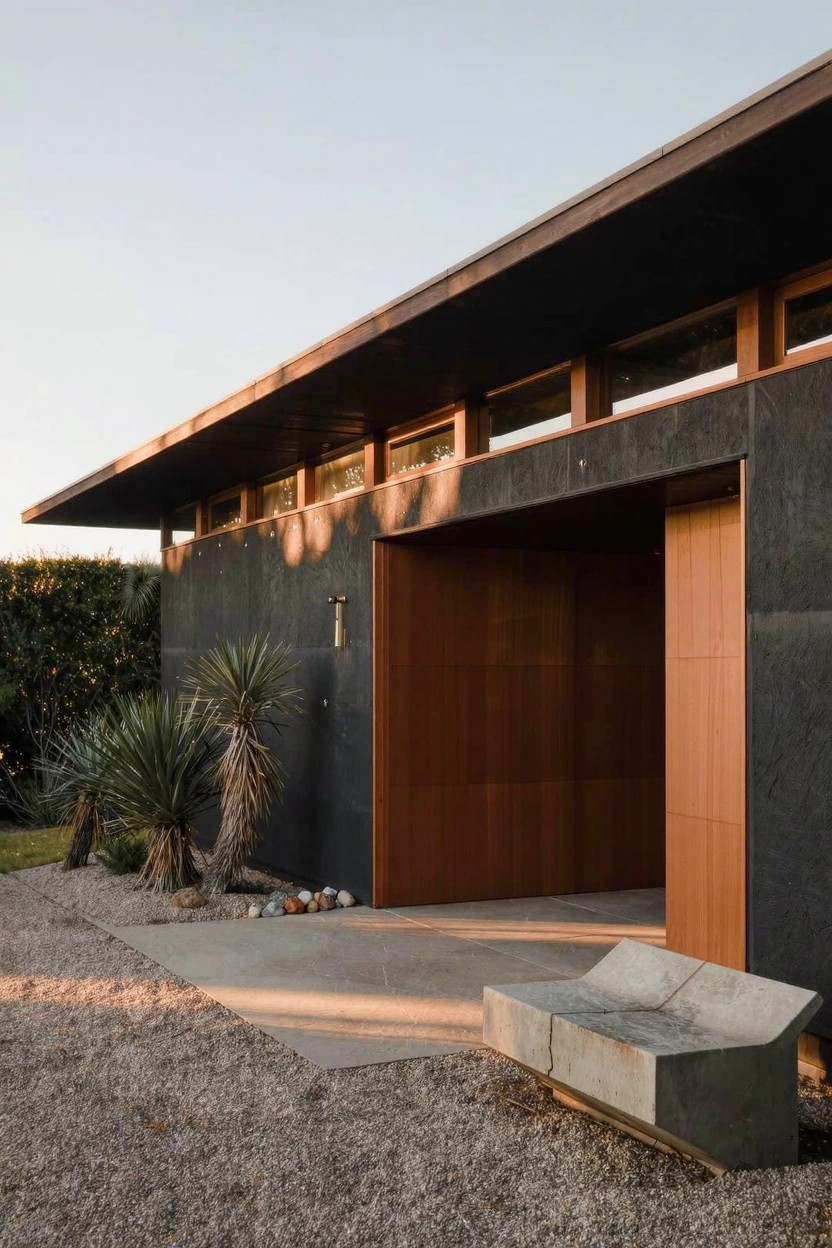 Modern house exterior featuring dark gray walls, large open wooden garage door, horizontal clerestory windows under flat overhanging roof, agave plants, gravel ground cover, and curved concrete bench.