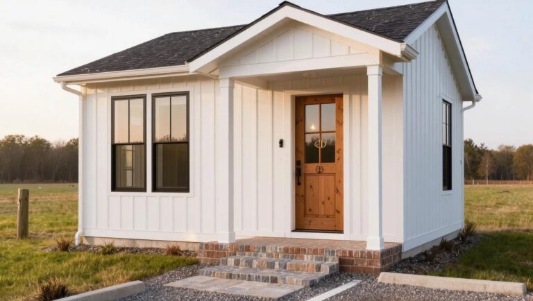 22 Beautiful Home Designs Exterior Ideas That Transform Any Space Small white board-and-batten house with dark shingle gable roof, covered front porch on wooden posts and beams, orange wood door labeled GEEO, concrete steps to gravel area, grassy yard at dusk.